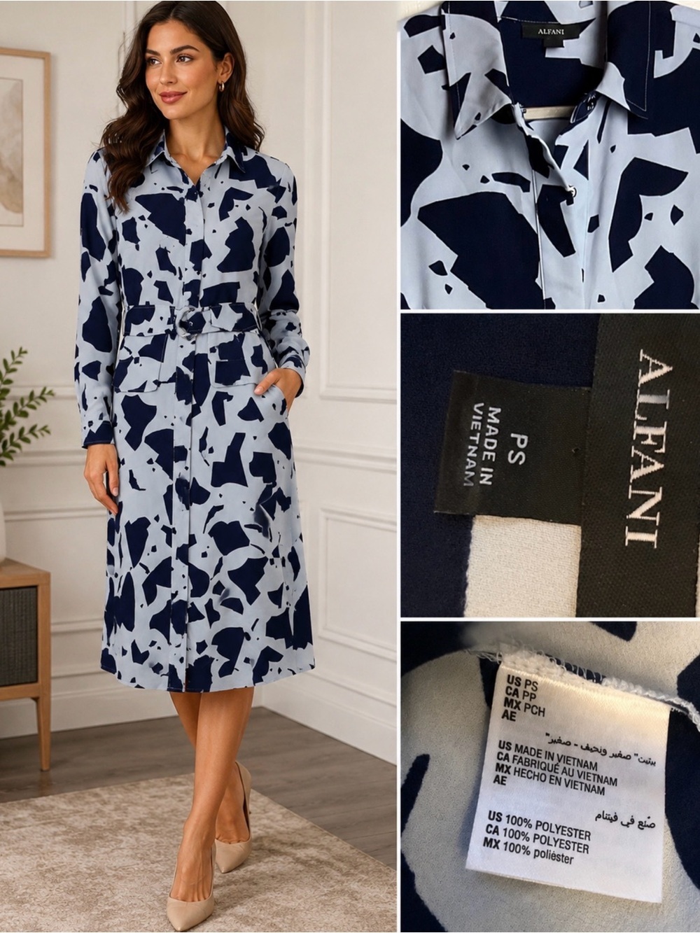 Alfani Abstract Print Belted Shirt Dress PS Blue & Navy